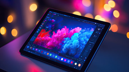 Digital tablet displaying online graphic design software with vibrant color palettes and design layers ready for editing.の素材