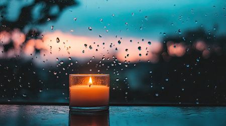 A glowing candle beside a window, with raindrops on the glass and a soft pastel sky in the background.の素材