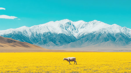 A golden field stretching toward a distant mountain range, with a lamb grazing in the foreground.の素材