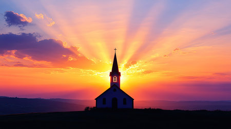 A glowing sunrise behind a silhouette of a church steeple, symbolizing Easter morning hymns.の素材