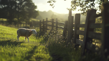 A gentle lamb grazing beside a rustic wooden fence in a quiet countryside setting, evoking Easter symbolism.の素材