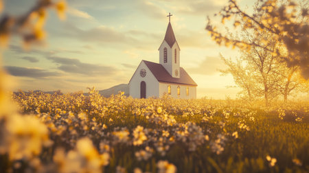 A peaceful country church surrounded by blooming spring flowers, bathed in golden light.の素材