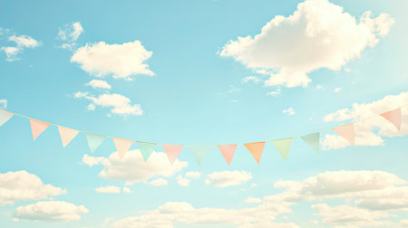 A row of triangular Easter bunting in pastel hues, hanging across a sky filled with soft clouds.の素材