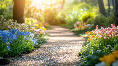 A garden pathway decorated with small Easter eggs hidden among blooming flowers, bathed in morning sunlight.の素材