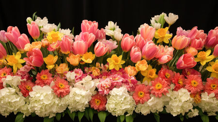 A large Easter flower arrangement with tulips and daffodils, placed on a community event stage.の素材