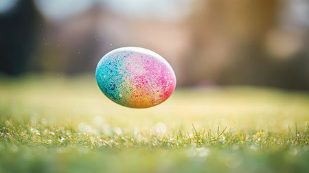 A pastel-colored Easter egg mid-roll, slightly blurred to show motion, as it travels down a gentle hill.の素材
