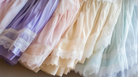 A selection of pastel-colored skirts with lace details, folded neatly on a neutral fabric background.の素材