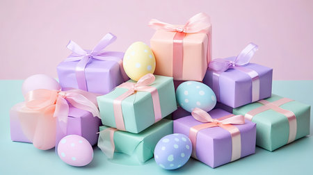 A neatly stacked collection of wrapped Easter gifts in pastel colors, each tied with a satin ribbon.の素材