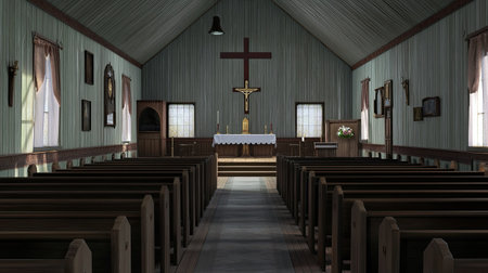 A quiet church aisle lined with wooden pews, leading to an altar adorned for Easter.の素材