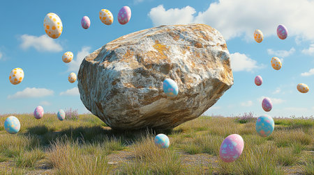 A large, smooth rock in a field with pastel-colored Easter eggs rolling past it.の素材