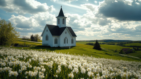 A peaceful country church with a white steeple, surrounded by lush green fields and blooming flowers.の素材