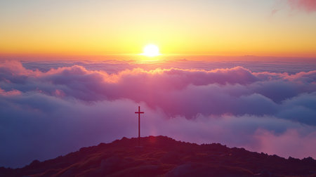 A lone cross on a hill with a sunrise bursting through the clouds, symbolizing resurrection.の素材