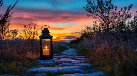 A glowing lantern on a stone path leading toward a sunrise-lit horizon, evoking Easter reflection.の素材
