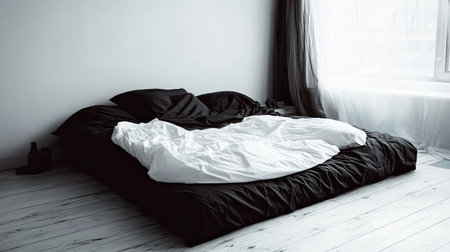 A modern, monochrome bedroom with a sleek bed, black and white bedding, and minimal decor.の素材