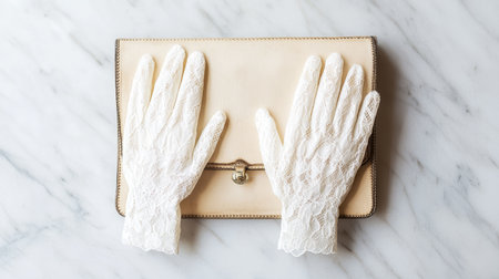 A pair of white lace gloves placed delicately beside a pastel-colored clutch purse on a marble surface.の素材