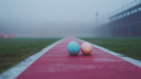 A misty morning field with Easter eggs positioned at the top of a rolling track, waiting for the competition to begin.の素材