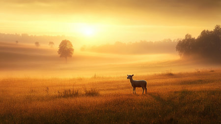 A misty meadow at dawn, with a lone lamb standing in the soft golden light of sunrise.の素材