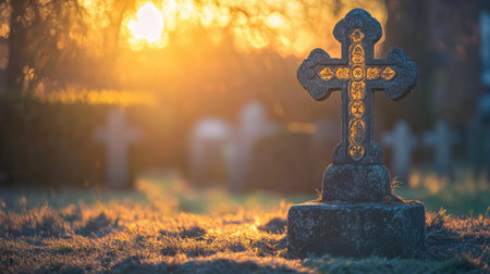A peaceful cemetery with a stone cross monument, bathed in warm golden light, symbolizing remembrance and Easter faith.の素材