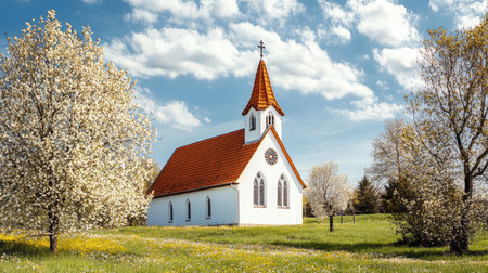 A picturesque countryside church with a red roof and white walls, surrounded by blossoming trees in spring.の素材