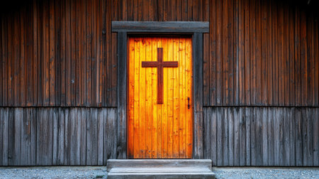 A rustic wooden church door slightly ajar, revealing warm golden light from inside, symbolizing welcome and faith.の素材