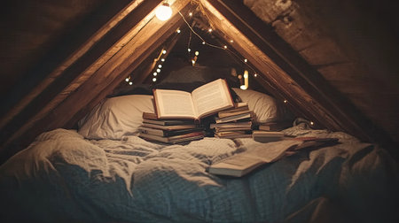 A peaceful reading nook with a cozy bed, a stack of books, and soft lighting.の素材