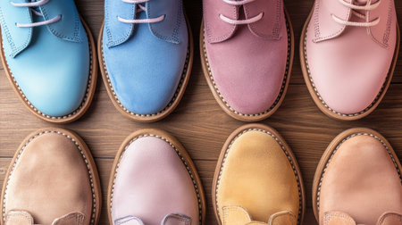 A selection of pastel-colored dress shoes, neatly arranged on a wooden surface.の素材