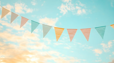 A row of triangular Easter bunting in pastel hues, hanging across a sky filled with soft clouds.の素材