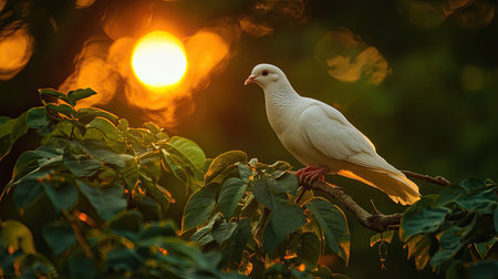 A single white dove perched on a tree branch with the sun setting behind it, evoking peace.の素材