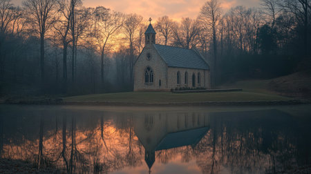 A peaceful lakeside chapel reflecting in the still water at dawn, symbolizing Easter peace.の素材