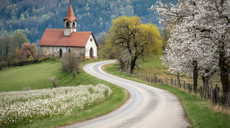 A scenic countryside road leading to a small chapel, surrounded by blooming spring flowers.の素材