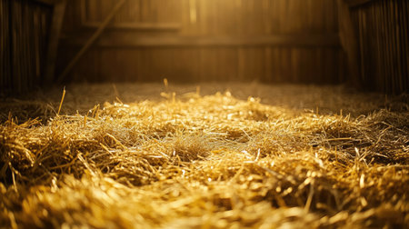 A quiet, wooden stable bathed in warm golden light, with fresh straw scattered on the floor.の素材