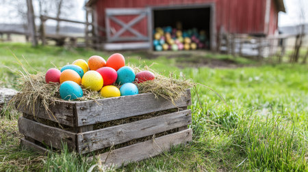 A rustic farm setting with a wooden crate filled with Easter eggs and hay, placed near a barn.の素材