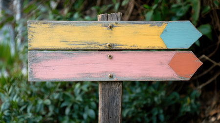 A rustic wooden signpost with pastel-painted arrows pointing to different Easter event areas, like egg hunt, games, and crafts.の素材