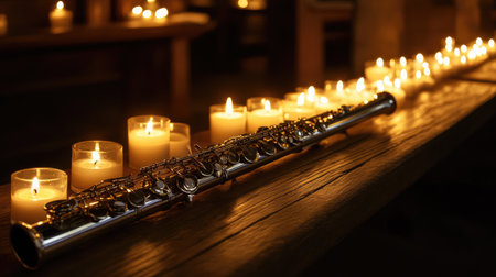 A silver clarinet lying on a wooden church bench, reflecting the light of nearby candles.の素材