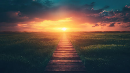 A simple wooden path through a peaceful green field, leading toward a glowing horizon.の素材