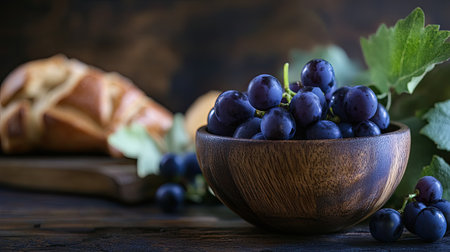 A small wooden bowl filled with grapes and bread, placed on a rustic table, symbolizing communion.の素材