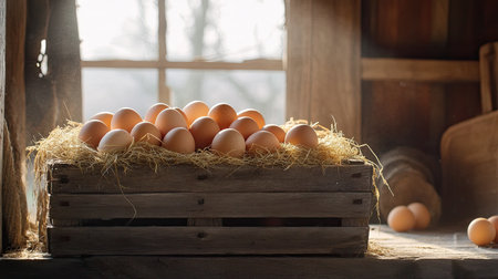 A rustic wooden crate filled with freshly gathered eggs, wrapped in straw, sitting on a sunlit porch.の素材