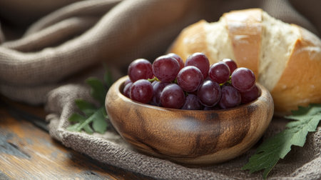 A small wooden bowl filled with grapes and bread, placed on a rustic table, symbolizing communion.の素材