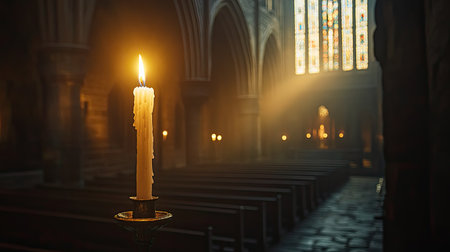 A single Easter candle glowing brightly in the dimly lit interior of a historic cathedral.の素材