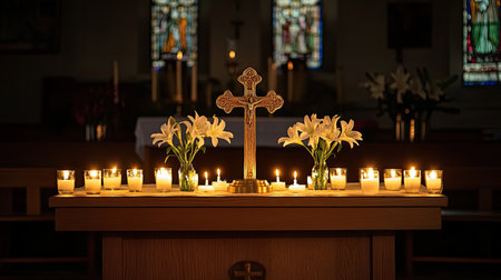 A simple wooden altar with a brass cross, surrounded by fresh Easter lilies and softly glowing candles.の素材