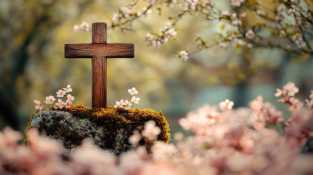 A rustic wooden cross resting on a moss-covered stone, surrounded by blooming spring flowers.の素材