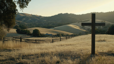 A simple, rustic wooden cross standing against a backdrop of rolling hills at sunrise.の素材