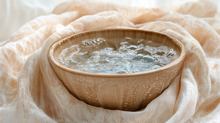 A simple ceramic bowl filled with fresh spring water, placed on a linen cloth, evoking purity.の素材