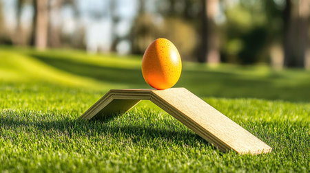 A small wooden ramp set up on a lawn, with a single Easter egg at the top, about to roll down.の素材
