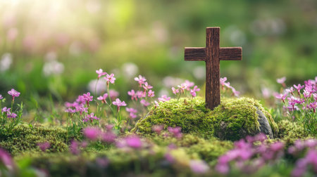 A rustic wooden cross resting on a moss-covered stone, surrounded by blooming spring flowers.の素材