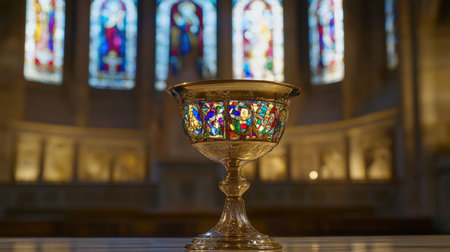 A sacred chalice with reflections of stained glass windows in its polished surface.の素材