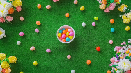 A top-down view of an Easter egg rolling game setup on a gentle grassy hill.の素材