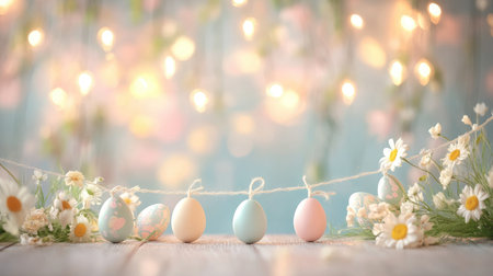 A soft pastel-colored Easter bunting string hanging in front of a blurred floral background.の素材
