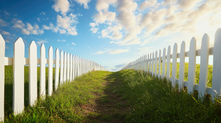 A tiny white fence at the end of a grassy track, marking the finishing area for rolling Easter eggs.の素材