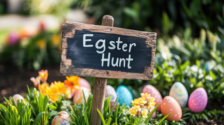 A wooden signpost with Easter Egg Hunt written in chalk, surrounded by colorful flowers and Easter eggs.の素材